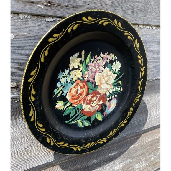Antique 1930s Metal Toleware Hand Painted wall Plate Roses Flowers - Picture 2 of 16